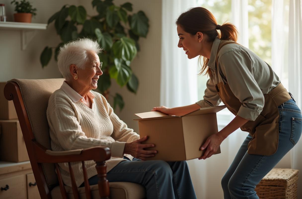 Team member helping a senior couple organize belongings during a home transition